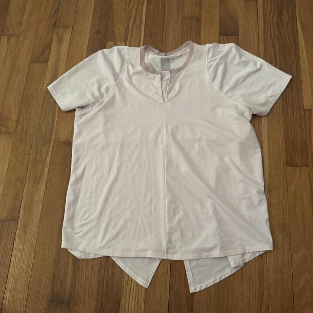 Lucky in Love Women's Golf Shirt Lilac V-Neck Lurex Notch SS Semi Fitted Size L